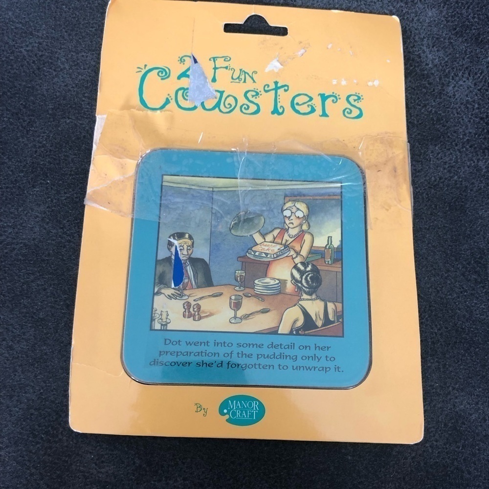VTG Manor Craft 2 Fun Cork Coasters Novelty Funny Humor Open Package Unused 4X4